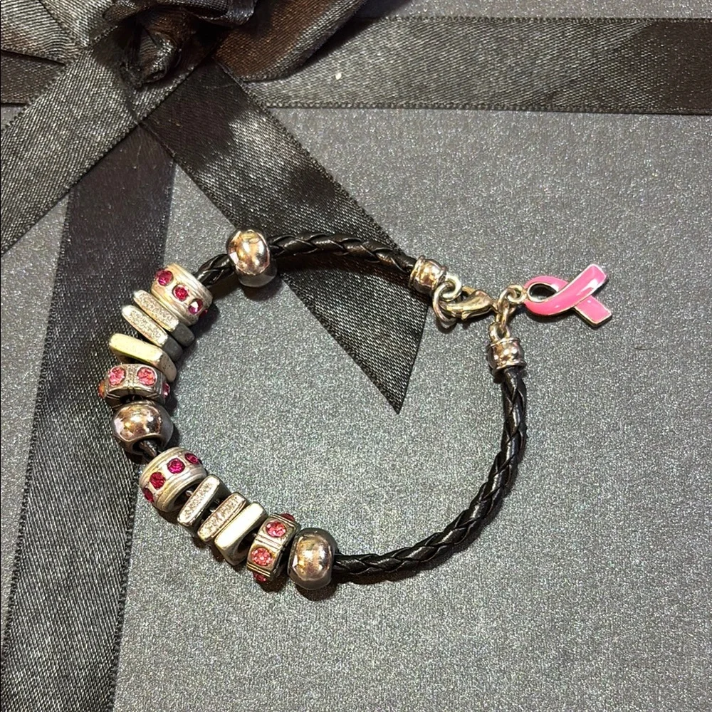 Breast Cancer Awareness Black Faux Leather Bracelet